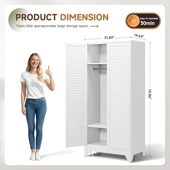 Letaya Armoire Wardrobe Closet,20" Deep Metal Wardrobe Cabinet with Doors and Shelves,Hanging Rod Clothing Storage Cabinets for Home Room (White)