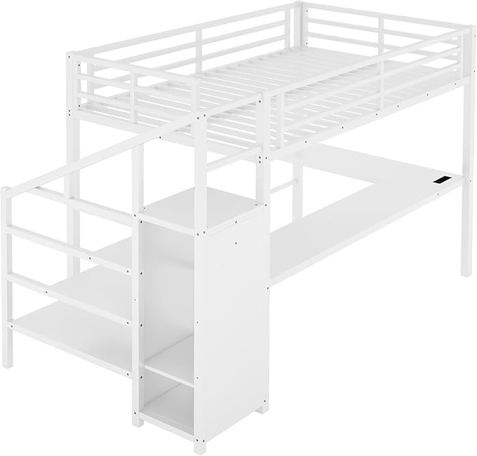 Full Size Loft Bed with Desk and Wardrobe, Metal Heavy Duty Loft Bed with Storage Stairs, LED Lights, USB Port, LoftBed Frames for Kids, Junior, Space Saving, Noise Free (White, Full)
