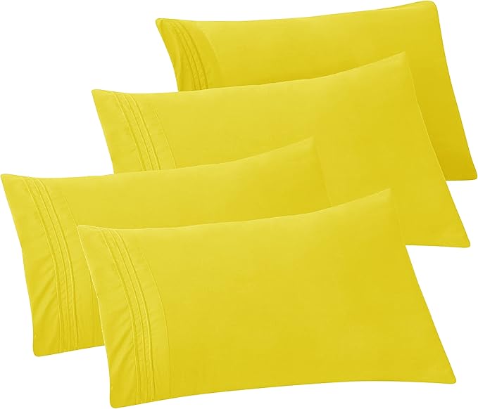 Elegant Comfort 4-PACK Solid Pillowcases 1500 Premium Hotel Quality Microfiber - Smooth Weave, Wrinkle and Stain Resistant, Easy Slip-On, 4-Piece Set, King Pillowcase, Yellow