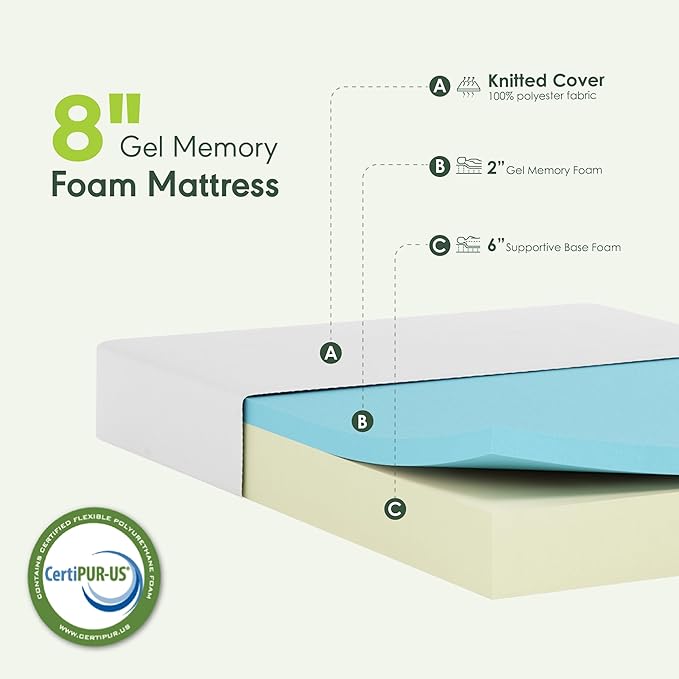 Furinno Tidur Cooling Gel Memory Foam Mattress, 8 Inch, Twin XL