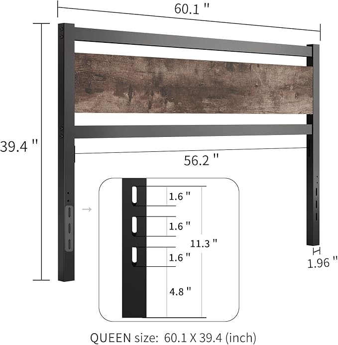 Headboard Only Wooden Headboard with Metal Slats Sturdy Rustic Headboards Easy Assembly, Twin XL/Queen/King (Queen)