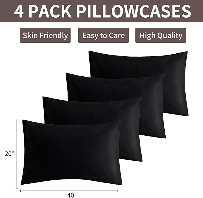 MINIPANDA Black King Size Pillow Cases Set of 4 - Super Soft, Smooth and Breathable Pillow Cases King - Envelope Design - Machine Washable Lightweight (20X40 Inches (4 Piece))
