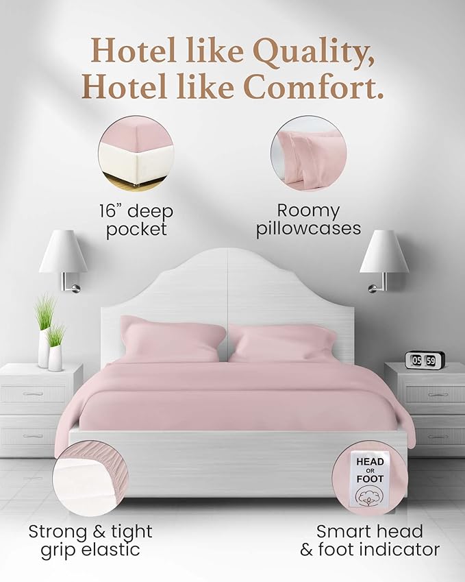 Good Sleep Bedding Full Size Sheet Sets, 4 Piece, 100% Egyptian Cotton Full Sheets, Silky Sateen Weave, Ultra-Soft Hotel Sheets, 16" Deep Pocket Full Bed Sheets Set - Blush