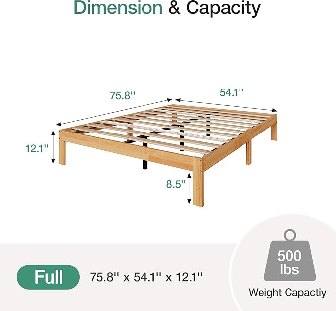 Novilla 12 Inch Full Size Bed Frame, Wooden Platform Bed Frame Full Size, Full Bed Frame Without Headboard, Sturdy Wood Slat Support, No Box Spring Needed, Easy Assembly, Natural Grain Wood