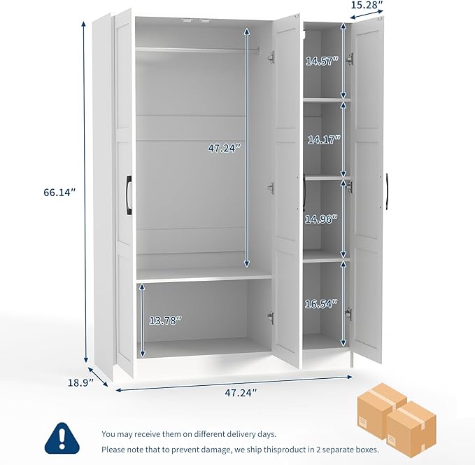 Garvee 3 Doors Wooden Wardrobe Closet, Morden Wardrobe Armoire with Doors and Shelves, Standing Closet Cabinet for Hanging Clothes, Large Capacity Storage Cabinet for Bedroom, White