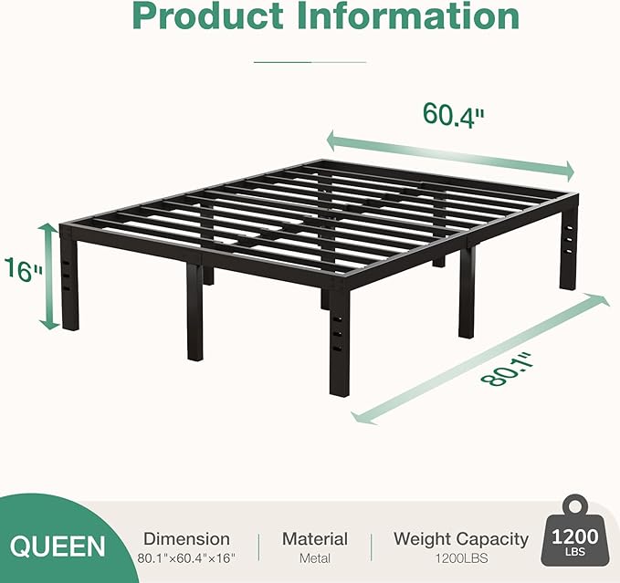 Novilla Bed Frame Queen Size, 16 Inch Simplicity Metal Platform Queen Bed Frame with Underbed Storage, No Box Spring Needed, Heavy Duty Steel Slat Support, for Bedroom, Guest Room, Noiseless