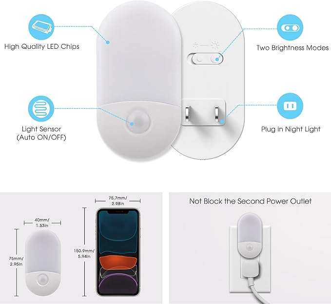 L LOHAS LED Night Light Plug in, 4 Pack 0.6W LED Night Light for Kids, Auto Dusk to Dawn Sensor Bright Nightlight, Daylight White 5000K, 30/60lm Small Night-Lights for Adults, Hallway, Kitchen, Stairs