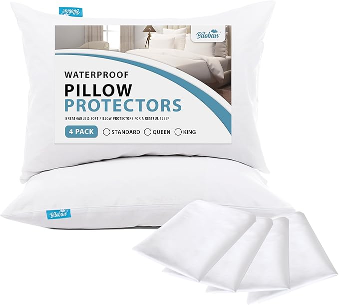 Biloban 4 Pack Pillow Protectors with Zipper Breathable & Noiseless & Durable 100% Waterproof Pillow Cases Standard Size White Pillow Protector