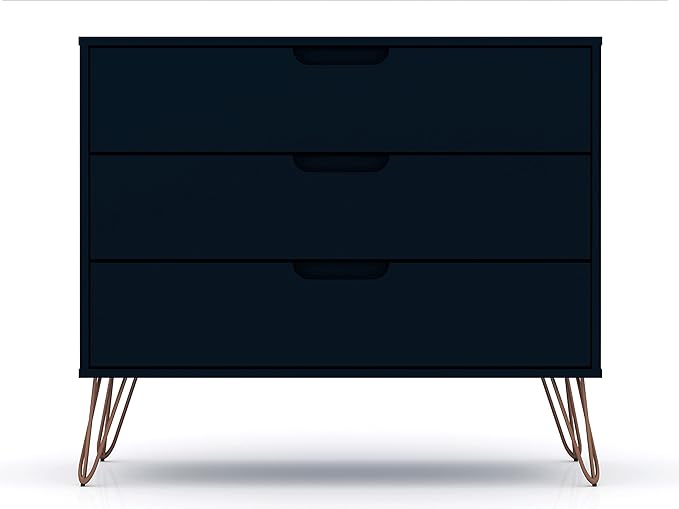Manhattan Comfort Rockefeller 3-Drawer Dresser Set of 2, Entryway Wood Storage Cabinet, 32 Inch TV Stand Console Table, Anti Tip Kit Included for Bedroom, Nursery, Dorm, Living Room in Midnight Blue