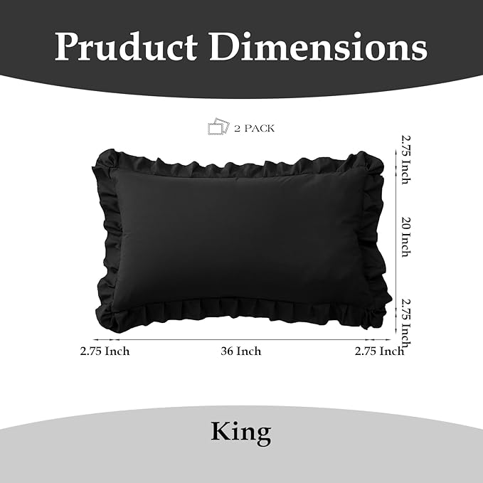 Ruffle Pillow Cases King Size Set of 2 – Soft Wrinkle Resistant Brushed Microfiber Ruffled Pillowcases –Envelope Pillow Shams Cover Festive Gift for Hotels, Guest Rooms 20x36 Inch (Black)