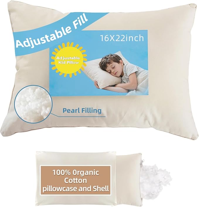 16x22 Kid Pillow with 100% Organic Cotton Pillowcase and Shell - Adjustable Youth Pillow Meets the Growth Need of Kids at Age 4-10, Soft Non Toxic Pearl Filling, Machine Washable, Travel&School