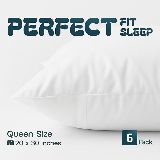 White Classic Pillow Cases Queen Size Set of 6-20 x 30 Ultra-Soft Queen Pillow Protectors with Zipper, 200 Thread Count, Envelope Closure, Pillow Shams