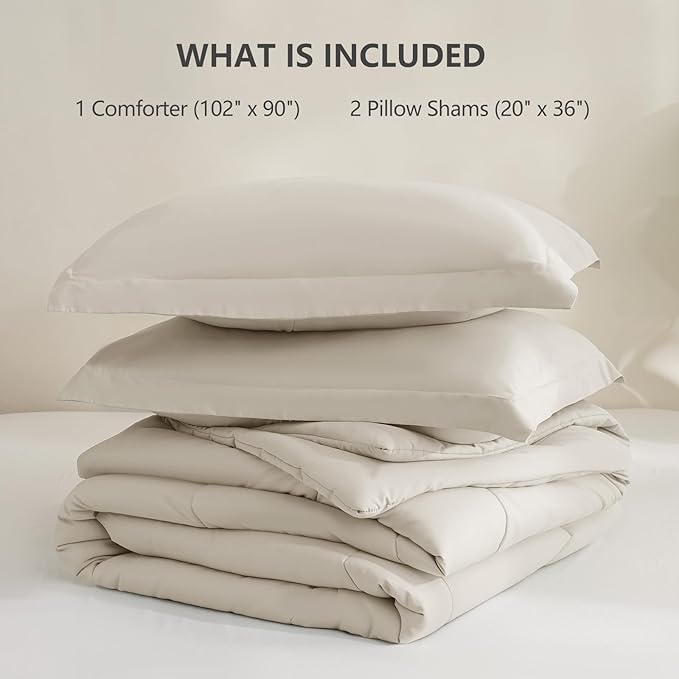 CozyLux King Size Comforter Set - 270GSM Beige Bedding Sets for All Seasons Size, 3 Pieces Box Stitched Bed Set with 1 Down Alternative Comforter and 2 Pillow Shams, Soft, Lightweight, Durable