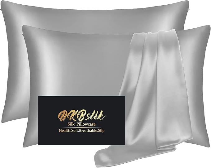 Silk Pillow Cases 2 Pack, Mulberry Silk Pillowcases Standard Set of 2, Health, Smooth, Anti Acne, Beauty Sleep, Both Sides Natural Silk Satin Pillow Cases for Women 2 Pack with Zipper for Gift, Grey