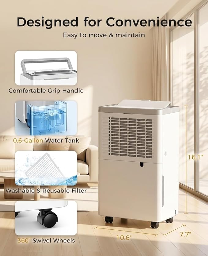 34 Pints Dehumidifier for Basement, Dehumidifiers for Home with Drain Hose, 38dB Quiet Dehumidifier for Bedroom Bathroom Garage, 24HR Timer, 3-Color Indicator, Auto Defrost, Child Lock