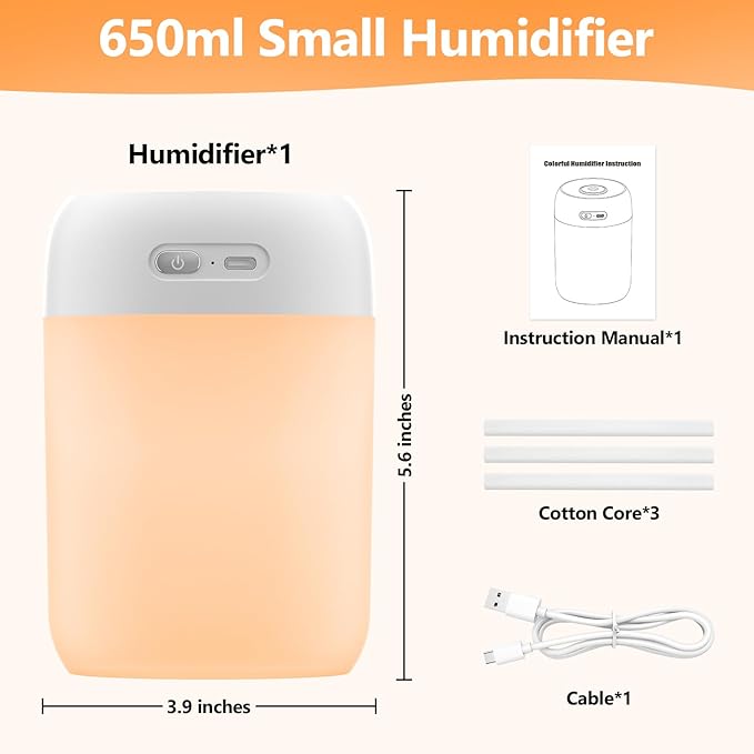 Portable Small Humidifier, 650ml Colorful Mini Humidifier, 7 Colors&Warm Light, Humidifiers for Bedroom, Office, Dsektop(White)