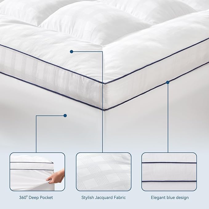 ELEMUSE Queen Cooling Mattress Topper, Extra Thick 1300gsm Mattress Pad for Back Pain Relief, Plush 500TC Cotton Pillow Top with Deep Pocket, Overfilled with Mixed Advansa Down Alternative Filling