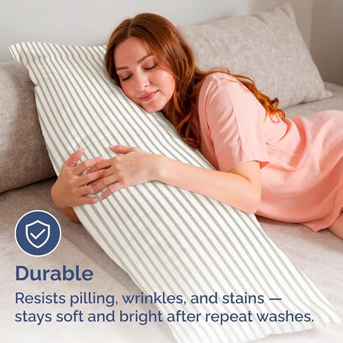 Body Pillowcases Set of 2-20x54 Long Body Pillow Case - Soft Body Pillow Cover for Sleeping & Side Sleepers - Comfy, Wrinkle & Fade Free - Machine Washable w/Envelope Enclosure Beige Stripes 2