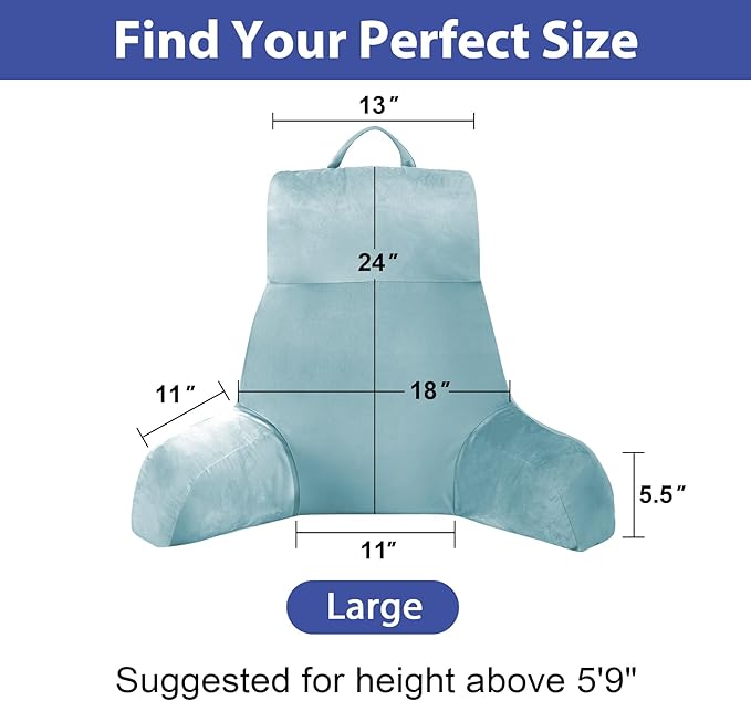 IPYNBAP Back Pillow for Bed Sitting up, Reading Pillow for Sitting in Bed Adult, Back Support Pillow, Memory Foam Sit up Lounge Backrest Pillow with Arms for TV, Couch, Chair, Dorm, 24 Inch, Lake Blue