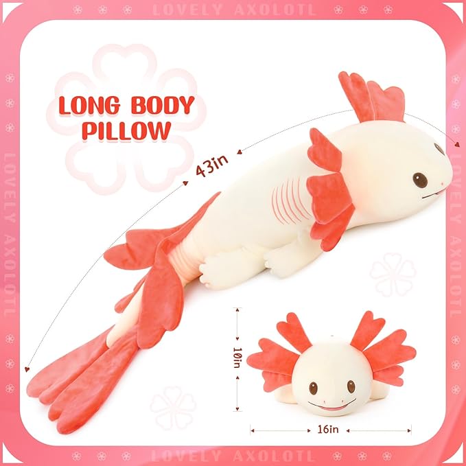 MaoGoLan Giant Axolotl Plush Body Pillow, Large 44" Love Axolotl Stuffed Animal for Girl Boy Kid, Long Pink Salamander Plush Pillow for Mother's Day Birthday Gifts, Baby Shower Party Favor Decor