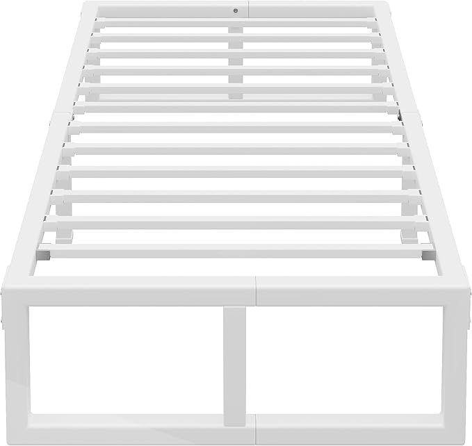 Twin Bed Frames, 14 Inch Metal Platform Bed Frame with Squeak Free U-Slot Design, 6 Non-Slip Guards, 3500lbs Heavy Duty Steel Slat Support, No Box Spring Needed, Under Bed Storage, White