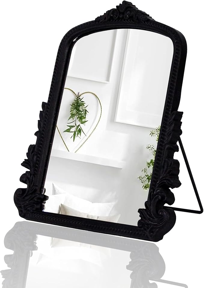 HSDDHOME Black Vintage Arched Vanity Mirror, Baroque Tabletop Makeup Mirror, Decorative Antique Mirror for Dresser, Bedroom, Living Room, 11.8" x 9.6"