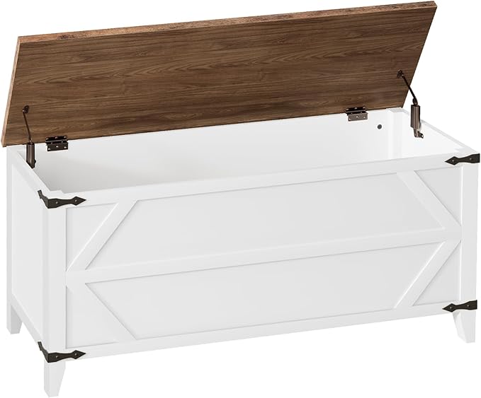 HOOBRO 47.2" Toy Box, Storage Bench with Safety Hinges, Toy Chest Storage, Wooden Storage Chest for Bedroom, Living Room, White and Walnut WH16CW01