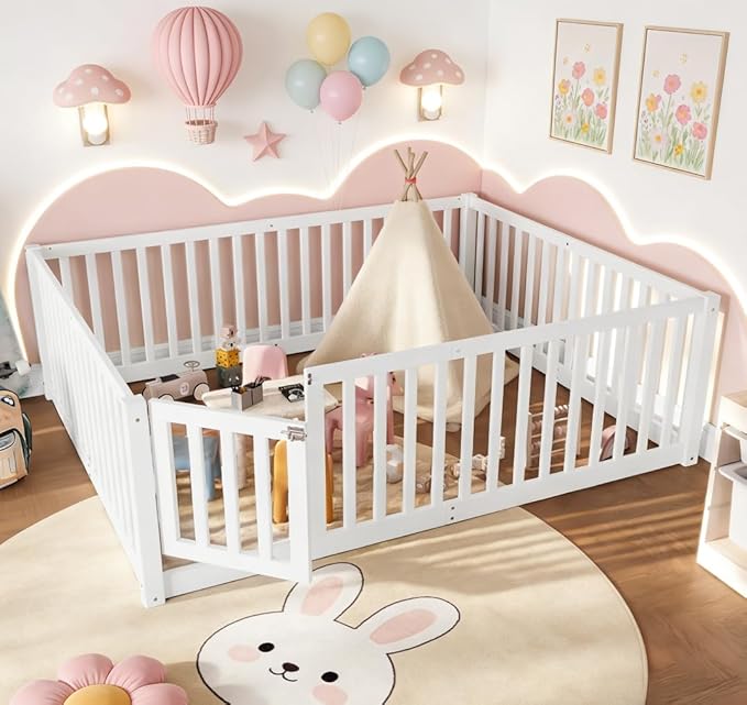 Bellemave Full Size Montessori Floor Bed with 23.5" High Rails, Pine,Plywood Full Floor Bed with Small Door, White