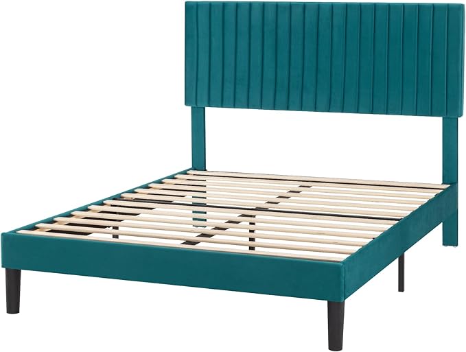 SHA CERLIN Queen Upholstered Platform Bed Frame with Vertical Channel Tufted Velvet Fabric Adjustable Headboard, Wooden Slats Support, Mattress Foundation, Box Spring Optional, Teal