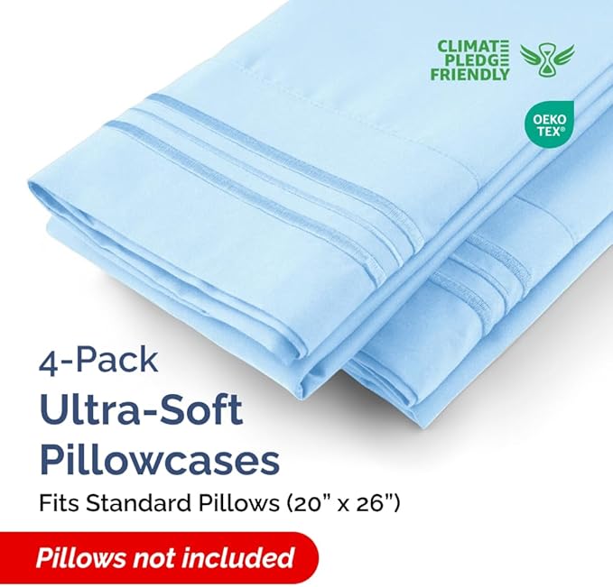 Standard Pillow Cases Set of 4 - Ultra Soft Hotel Quality Pillowcase Covers - Comfy Bedding for Women, Men, Kids & Teens - Machine Washable Pillow Protectors - 4 Piece Set - Standard Size Light Blue