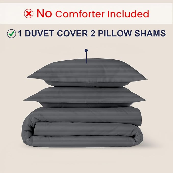 Kotton Culture 3 Pc Twin Size Duvet Cover Set- 100% Egyptian Cotton 600 TC Ultra Soft Premium Durable Comforter Cover Zipper Closure & Corner Ties (Striped Dark Grey, Twin/Twin XL 68" X 90")