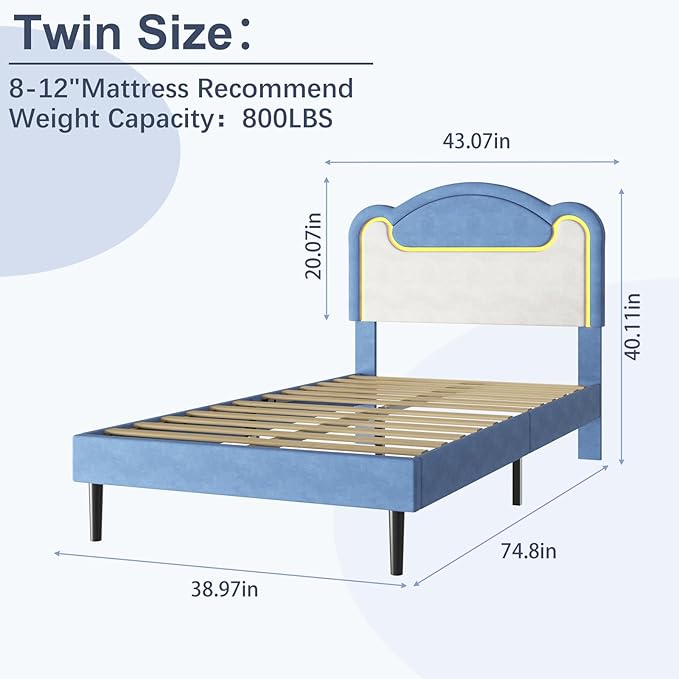 Garvee Twin Size Upholstered Bed Frame with LED Lights & Fabric Headboard, Princess Platform Bed for Girls with Wood Slats, No Box Spring Needed (Blue White)