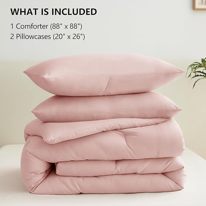 CozyLux Queen Comforter Set Blush Pink, 3 Pieces Solid Comforters Queen Size Breathable Bedding Sets, Luxury Soft Lightweight Bed Set with Down Alternative Comforter and 2 Pillowcases for All Seasons