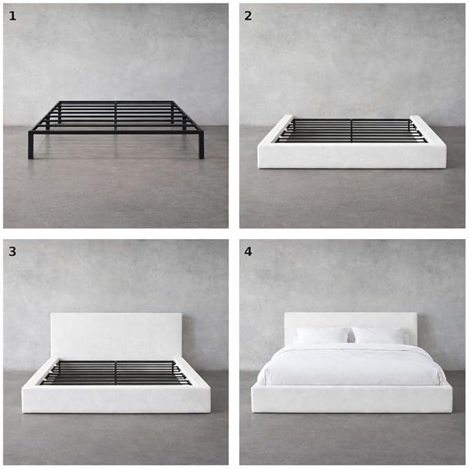 Square Bed – Washable Cover - Soft Upholstered Linen - Minimalist Modern - Sold Separately (Waterproof White Linen, Twin Base)