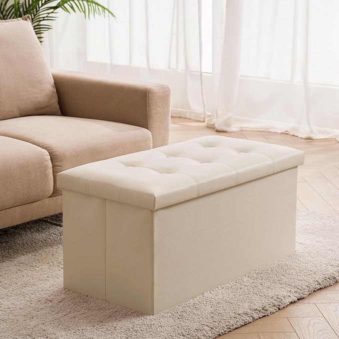 YOUDENOVA Folding Storage Ottoman, Faux Leather Ottoman Bench Footrest Ottoman, Storage Chest Padded Seat for Bedroom and Living Room, Beige,15" D x 30" W x 15" H