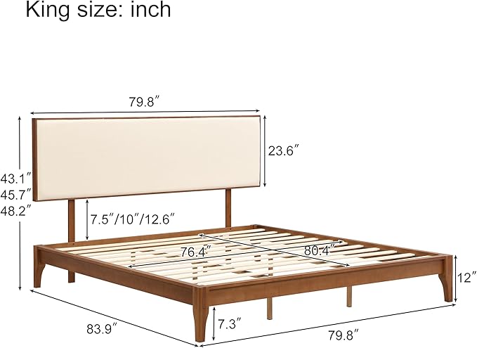Merax King Size Bamboo Platform Bed, Mid-Century Modern Bed Frame with Upholstered Adjustable Headboard, Wood Slat Support, No Box Spring Needed, Easy Tool-Free Assembly, Brown+Beige