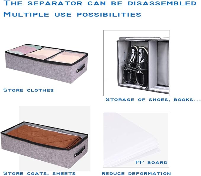 AARAINBOW 2 Packs Foldable Under Bed Clothes Organizer with Lids, Underbed Storage Container with Adjustable Dividers, UnderBed Storage Bins with Handles and Clear Window (Gray+Light Gray)