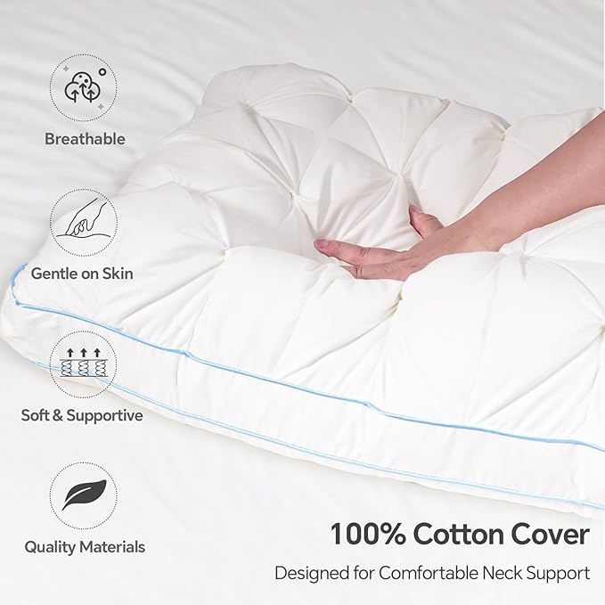QUTOOL Luxury Hotel Goose Feather Pillow, 100% Cotton Cover, Soft Support Pillow, Suitable for Sleepers on the Back, Sides, and Stomach, Queen Size Bed Pillows Set of 2