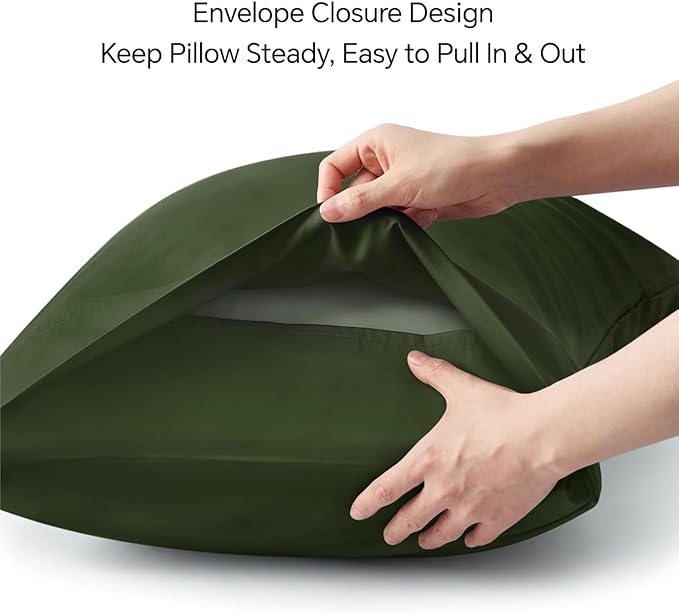 BEDELITE King Size Pillow Cases Set of 2, Rayon Derived from Bamboo, Cooling Pillow Cases for Hot Sleepers & Night Sweats, Breathable and Silky Soft Envelope Pillowcases(Olive Green, 20"x36")