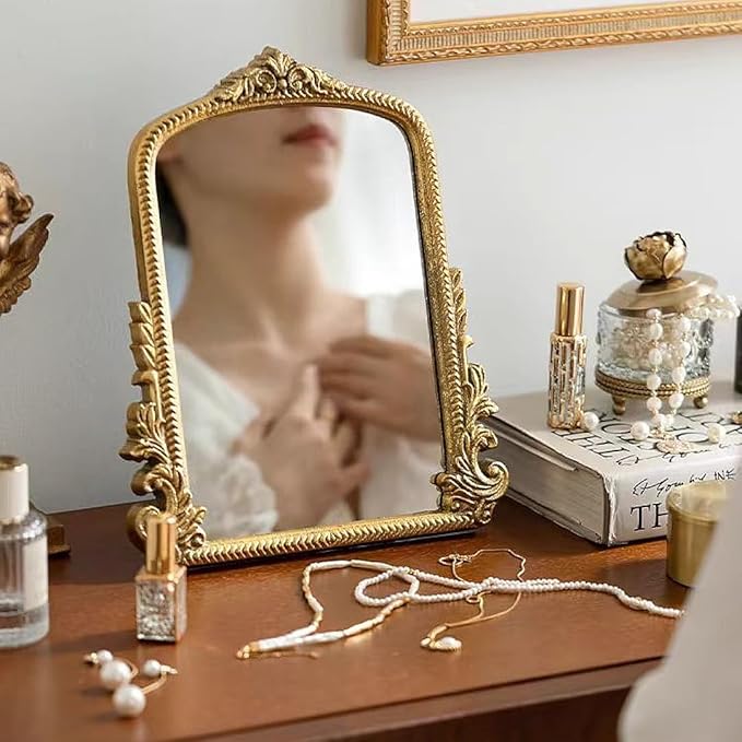 HSDDHOME Champagne Gold Vintage Vanity Mirror,Small Decorative Table Top Mirror,Baroque Arched Makeup Desk Mirror Wood Frame Free Standing,for Dresser,Bedroom,Living-Room Countertop 11.8" x 9.6"