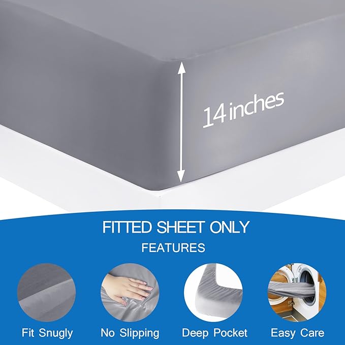 Twin Fitted Sheet Only, Twin Size Sheets for Kids Up to 14 Inches Deep Procket, Single Bed Mattress Sheets Stretchable Breathable Cover, Gray