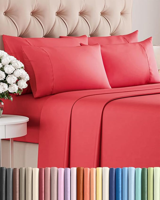 Queen 6 Piece Sheet Set - Comfy, Breathable & Cooling - Soft Hotel Luxury Bedding for Women, Men, Kids, Teens & Children - 1 Flat & 1 Fitted Sheet & 4 Pillowcases w/ Deep Pockets - Wrinkle Free - Red