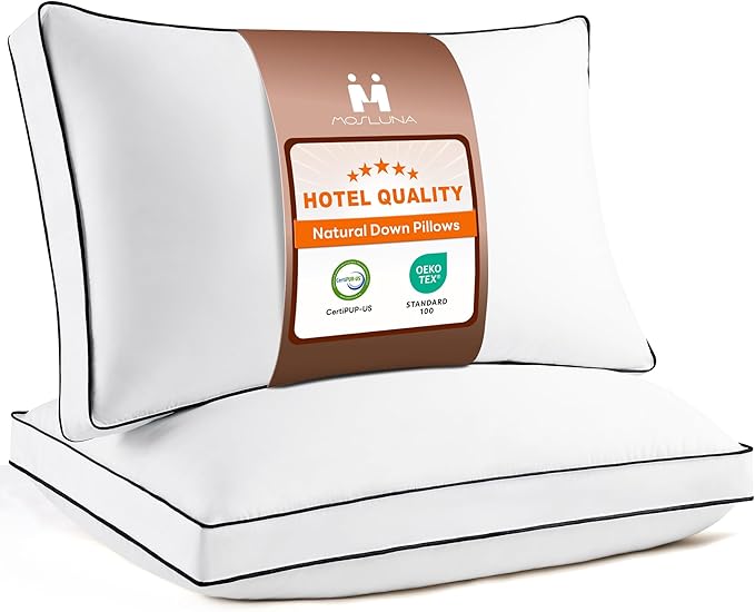 Feather Down Pillows Standard Size Set of 2, Hotel Collection Bed Pillows 2 Pack, Medium Firm Pillow for Side, Back or Stomach Sleepers, Downproof, Gusset Design 20x26 in.