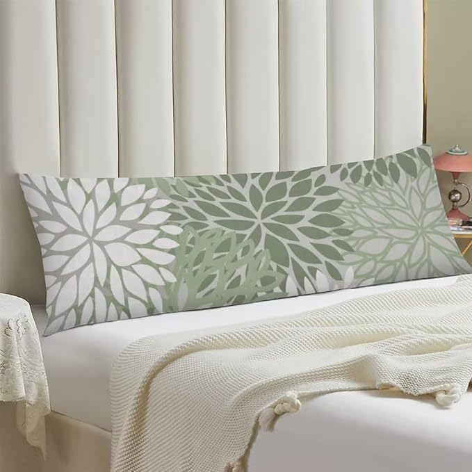 Sage Green Body Pillow Cover Spring Floral Long Pillow Case with Zipper Decorative Soft Bedding Pillowcase Farmhouse Dahlia Pillow Covers Modern Flower Cushion Pillow Case for Bedroom,Couch,20"x54"