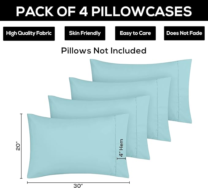 Utopia Bedding Queen Pillow Cases - 4 Pack - Envelope Closure - Soft Brushed Microfiber Fabric - Shrinkage and Fade Resistant Pillow Covers Queen Size 20 X 30 Inches (Queen, Spa Blue)