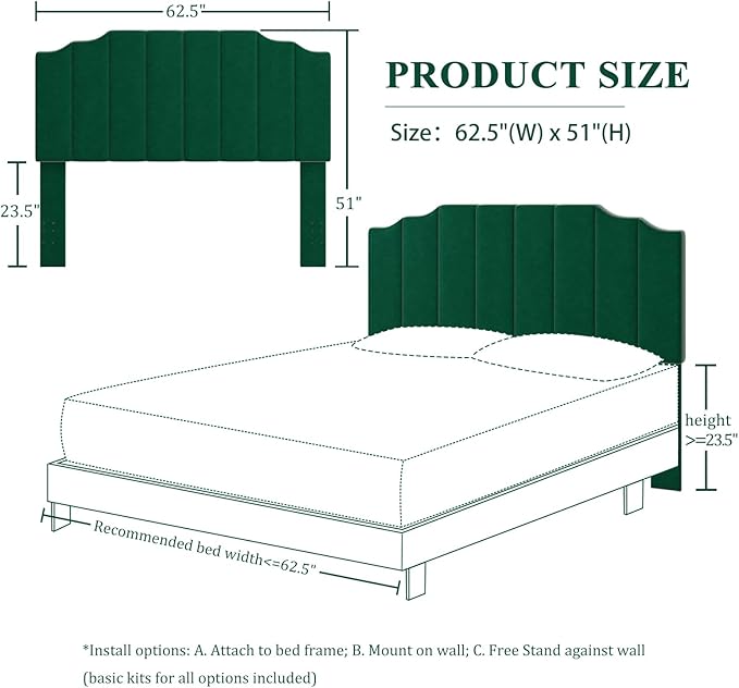 Befurtori Queen Size Headboard Only, Velvet Wall Mounted Headboard Queen/Full Size for Adjustable Bed, Modern Vertical Channel Design with Curved Tufted Upholstered Head Board, Jade Green