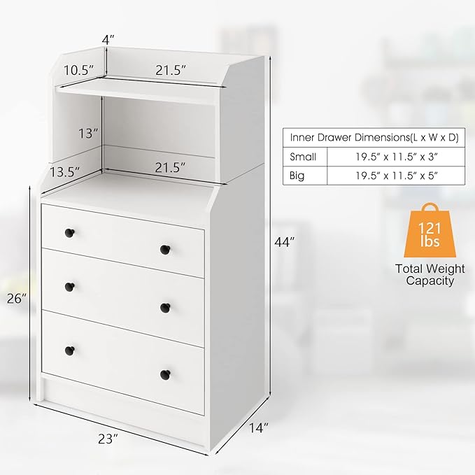 Tall 3 Drawers Dresser, Wood Chest of Drawers with 2 Open Shelves, Modern Nightstand with Anti-Toppling Device, Home Storage Cabinet Dresser Closet for Bedroom, Living Room, Entryway (White)