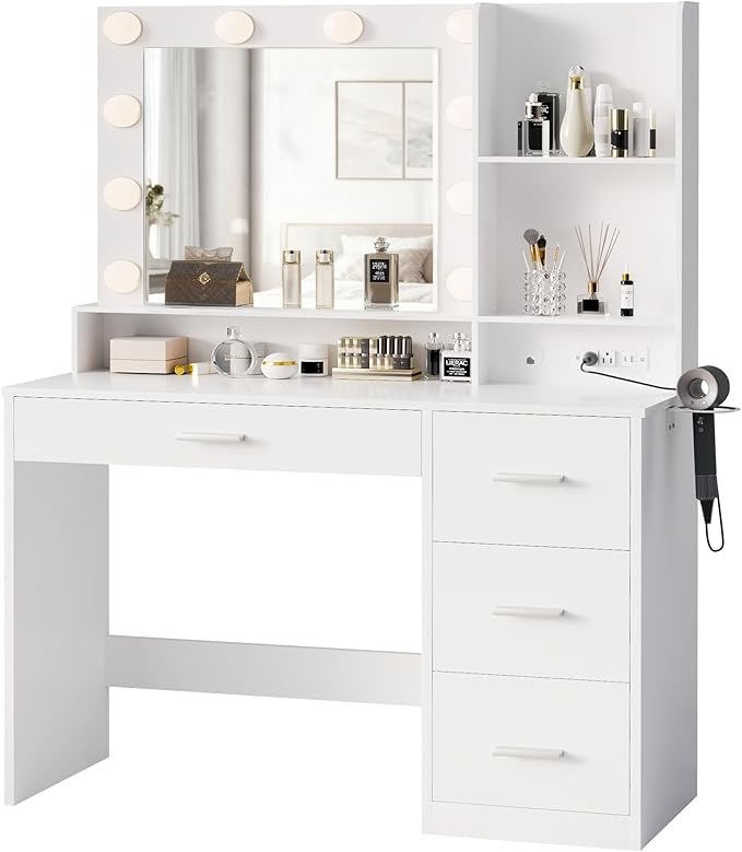 YESHOMY 39" Vanity Desk with Mirror & Lights, Makeup Vanity Table with Power Outlet & Storage Drawers, 3 Color LED Lighting, Dressing Table for Bedroom, Pure White