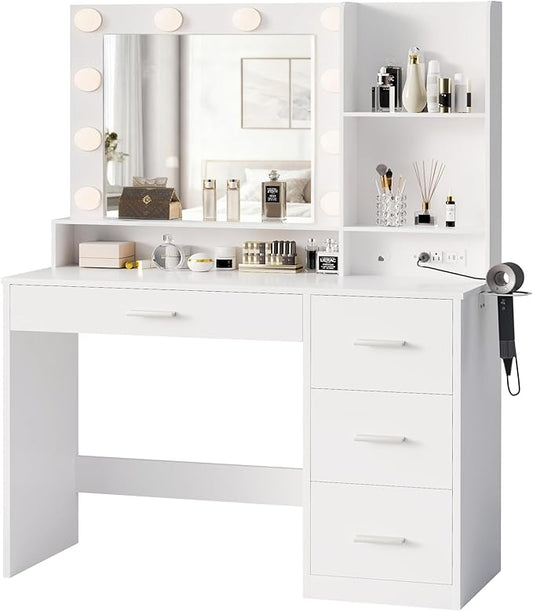 YESHOMY 39" Vanity Desk with Mirror & Lights, Makeup Vanity Table with Power Outlet & Storage Drawers, 3 Color LED Lighting, Dressing Table for Bedroom, Pure White