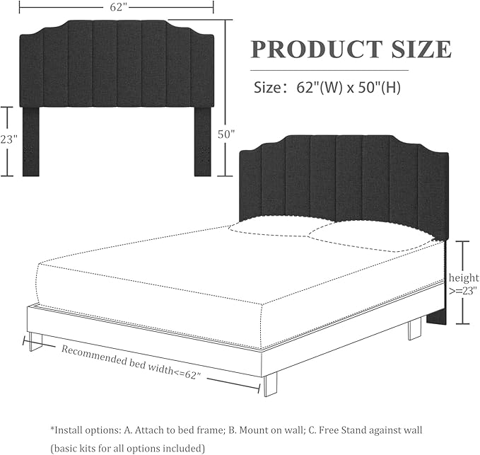 Befurtori Queen Size Headboard Only, Linen Wall Mounted Headboard Queen/Full Size for Adjustable Bed, Modern Vertical Channel Design with Curved Tufted Upholstered Head Board, Dark Gray